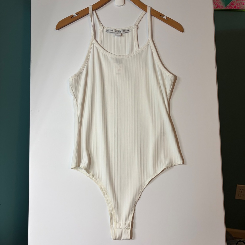 Hyfve Off White Ribbed High Neck Spaghetti Strap Bodysuit Medium